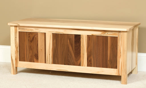 Amish Cornwell Blanket Chest Contemporary Style in a Two Toned Look With Driftwood Stain on a Brown Maple frame and a Natural Finish on Wormy Maple Tops and Drawers