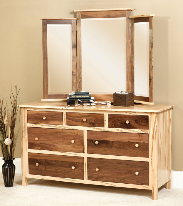 Amish Cornwell Dresser With Tri-View Mirror Contemporary Style in a Two Toned Look With Driftwood Stain on a Brown Maple frame and a Natural Finish on Wormy Maple Tops and Drawers