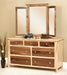Amish Cornwell Dresser With Tri-View Mirror Contemporary Style in a Two Toned Look With Driftwood Stain on a Brown Maple frame and a Natural Finish on Wormy Maple Tops and Drawers
