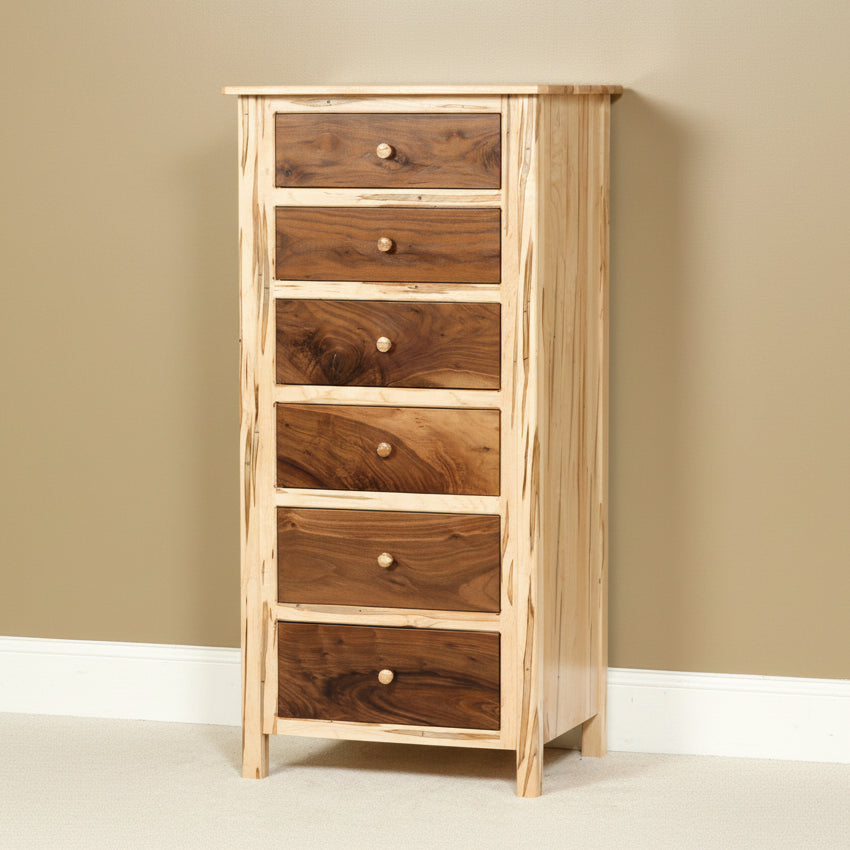 Amish Lingerie Chest Contemporary Style in a Two Toned Look With Driftwood Stain on a Brown Maple frame and a Natural Finish on Wormy Maple Tops and Drawers
