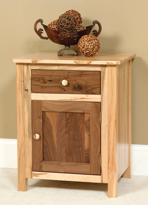 Amish Cornwell Nightstand Contemporary Style in a Two Toned Look With Driftwood Stain on a Brown Maple frame and a Natural Finish on Wormy Maple Tops and Drawers