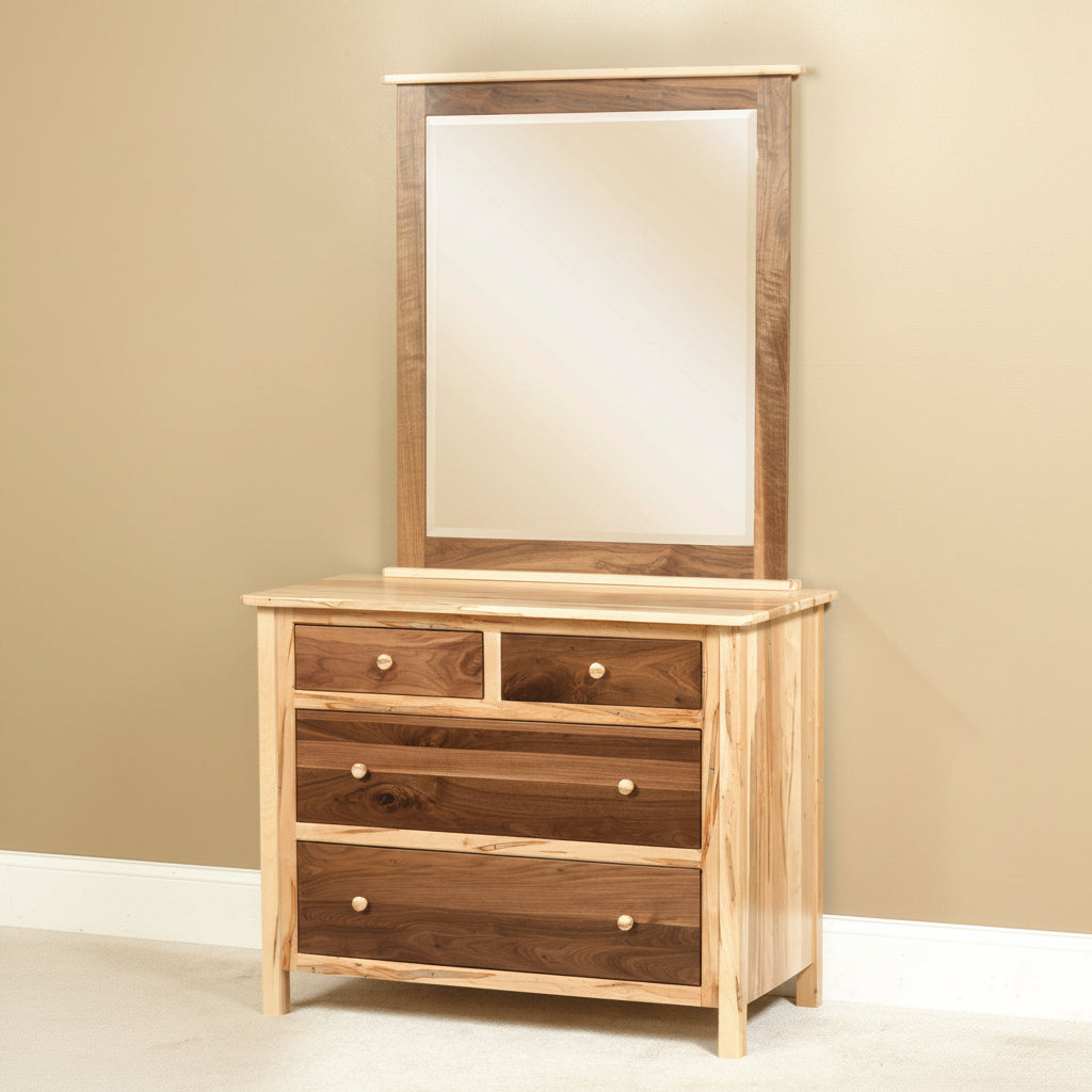 Amish Cornwell Small Dresser Contemporary Style in a Two Toned Look With Driftwood Stain on a Brown Maple frame and a Natural Finish on Wormy Maple Tops and Drawers