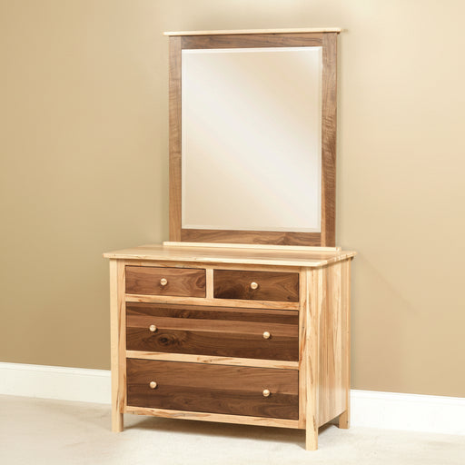 Amish Cornwell Small Dresser Contemporary Style in a Two Toned Look With Driftwood Stain on a Brown Maple frame and a Natural Finish on Wormy Maple Tops and Drawers
