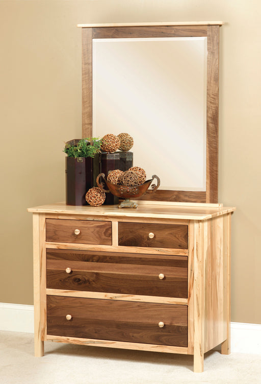 Amish Cornwell Small Dresser Contemporary Style in a Two Toned Look With Driftwood Stain on a Brown Maple frame and a Natural Finish on Wormy Maple Tops and Drawers