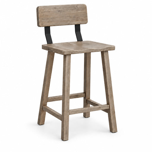 A modern wooden bar stool with a light oak seat and backrest, supported by black metal L-shaped brackets, shown on a solid white background.