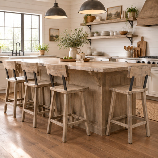 A rustic wooden bar stool with a slatted backrest and black metal support brackets, shown on a clean white background.