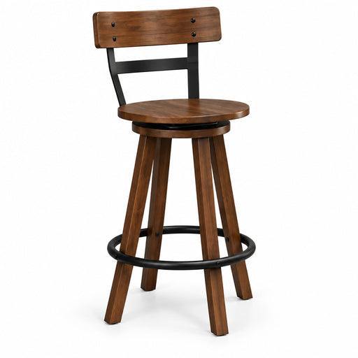 A swivel bar stool with a medium brown wooden seat, backrest, and legs, accented by black metal support bars and a footrest ring, shown on a plain white background.