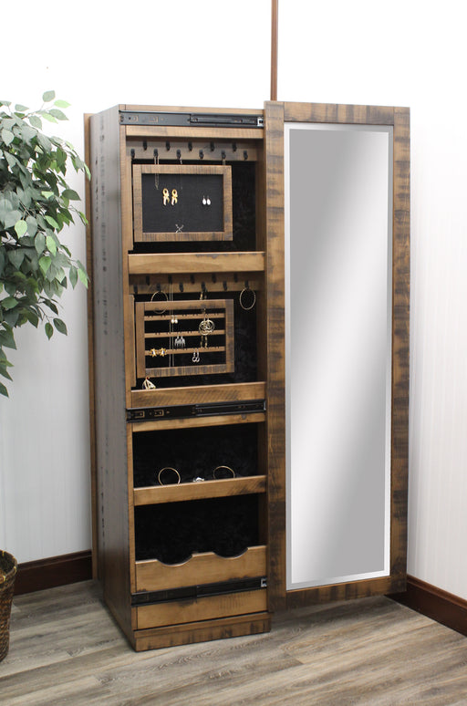 Amish Country Corner Shaker Jewelry/ Rifle Cabinet
Combines a Full Length Leaner Jewelry Front w/ Rifle Cabinet in the Back
Holds 6 Rifles and Shotguns and 2 Hand Guns
16" Lazy Susan in the base which allows it to rotate 360 degrees
Screen Earring Door