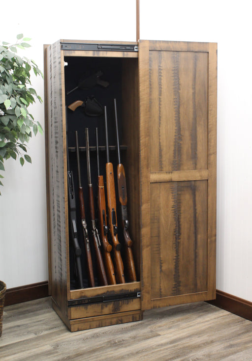 Amish Country Corner Shaker Jewelry/ Rifle Cabinet
Combines a Full Length Leaner Jewelry Front w/ Rifle Cabinet in the Back
Holds 6 Rifles and Shotguns and 2 Hand Guns
16" Lazy Susan in the base which allows it to rotate 360 degrees
Screen Earring Door