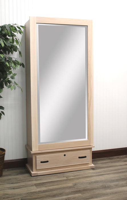 Amish Country Corner Shaker Rifle Cabinet
Holds 10 Rifles and Shotguns and 4 Hand Guns
Separate Locks for Drawer And Mirror Frame
4 Handgun Holsters (Extra Holsters Available)
Barrel Holder is Lined w/ Self Adhesive Black Felt
Drawer Bottom covered in Black Velvet