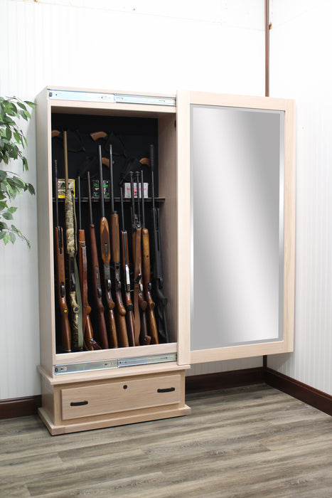 Amish Country Corner Shaker Rifle Cabinet
Holds 10 Rifles and Shotguns and 4 Hand Guns
Separate Locks for Drawer And Mirror Frame
4 Handgun Holsters (Extra Holsters Available)
Barrel Holder is Lined w/ Self Adhesive Black Felt
Drawer Bottom covered in Black Velvet