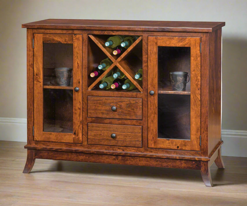 Amish Covington Wine Cabinet
-X shaped wine Bottle Holder
-Holds up to 18 wine bottles
-Adjustable Shelves
-Glass pane in doors
- 2 Drawers