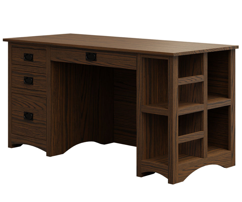 Amish Craftsman Mission Double Pedestal Office Desk with Bookcase on Side
(1) Center Pencil Drawer
(2) Standard Drawers
(1) Bottom File Drawer
Shelf Storage on Side of Desk
Standard Hardware: Black Mission
*Flipped Orientation SAME Price 