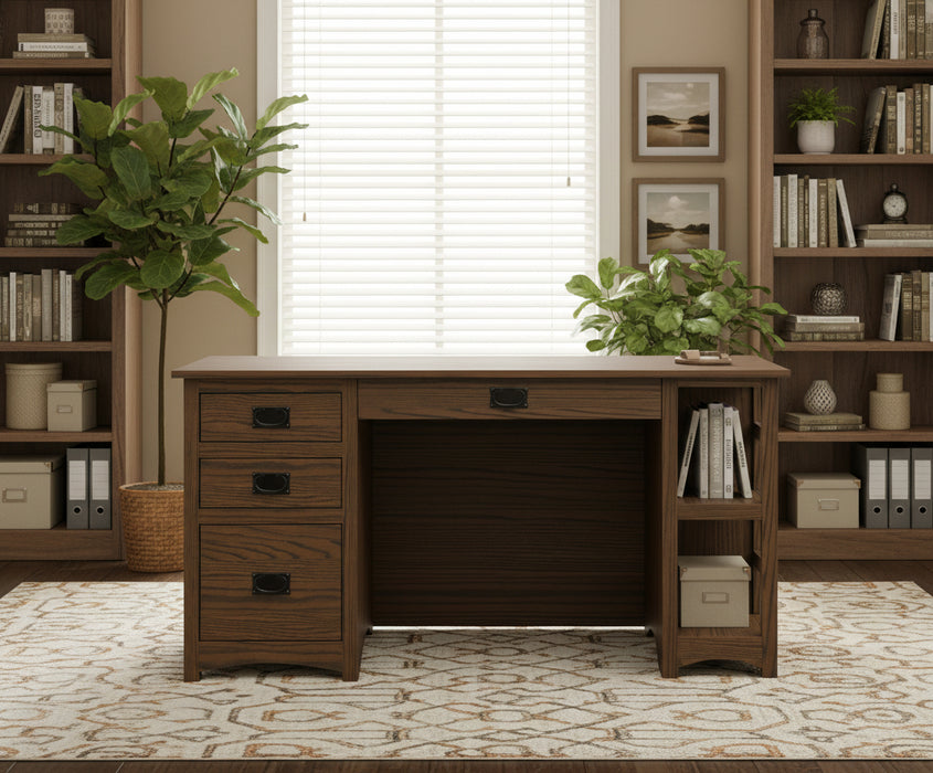 (1) Center Pencil Drawer
(2) Standard Drawers
(1) Bottom File Drawer
Shelf Storage on Side of Desk
Standard Hardware: Black Mission
*Flipped Orientation SAME Price 
