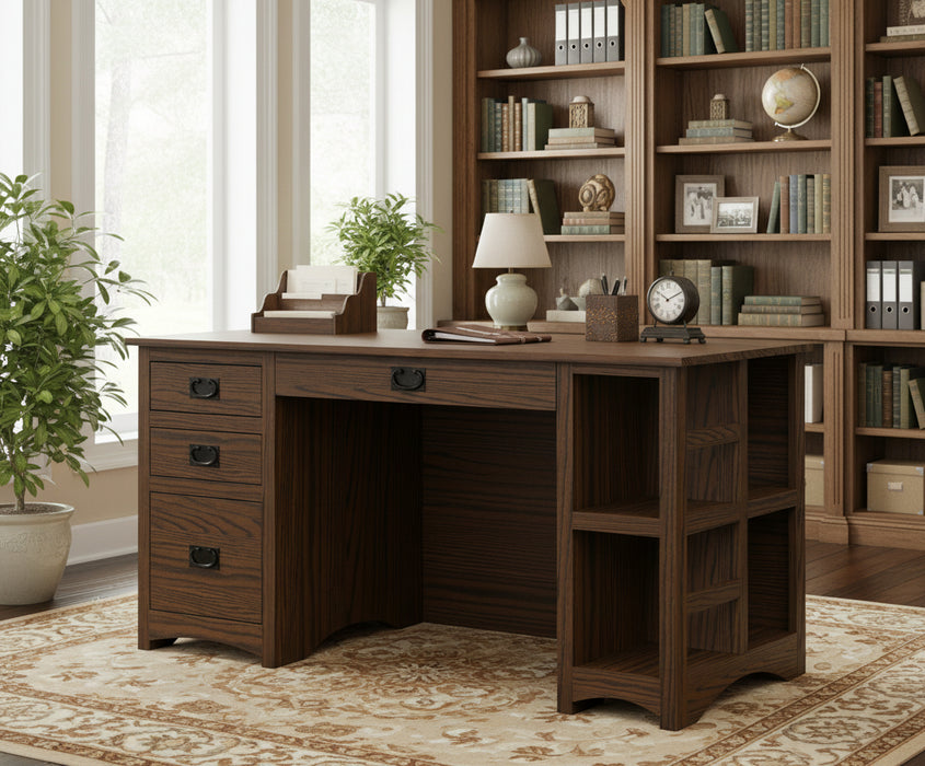  (1) Center Pencil Drawer
(2) Standard Drawers
(1) Bottom File Drawer
Shelf Storage on Side of Desk
Standard Hardware: Black Mission
*Flipped Orientation SAME Price 