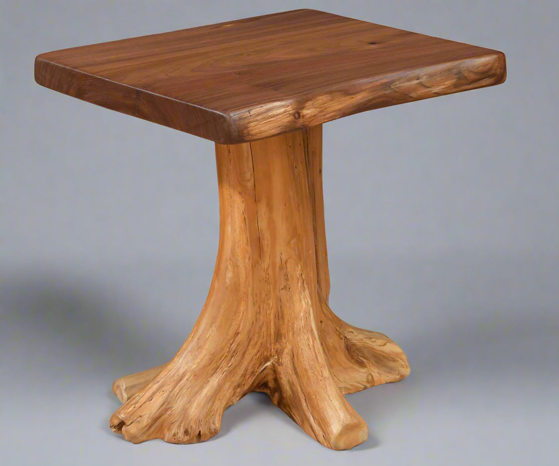 Amish Creek Side Stump Base End Table with Walnut Live Edge Top
