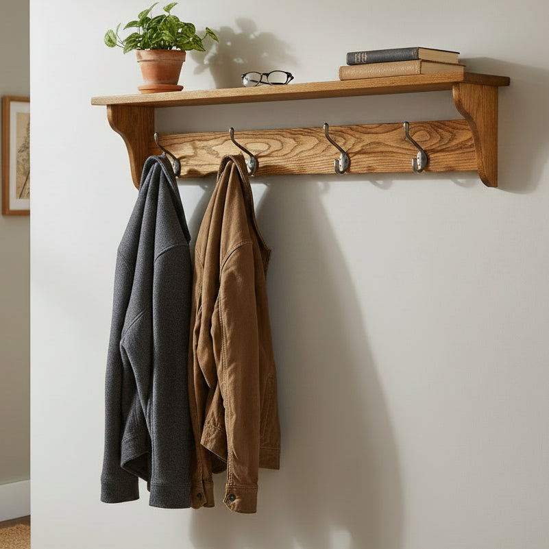Amish Curved Mission Coat & Cap  Shelf - Multiple Sizes - Hobby Hill Woodworking - Solid Oak Amish Shelf - Entryway Shelf 1