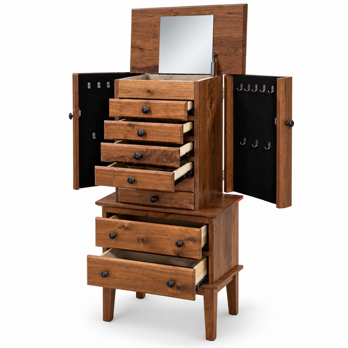 A rustic brown wooden jewelry chest with multiple drawers, open doors, a mirror, and a hanger section on the side, shown on a plain white background.