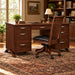 A dark brown wooden writing desk with three drawers on the left, three drawers on the right, and an open center space, paired with a matching wooden swivel office chair with a black padded seat on a white background.