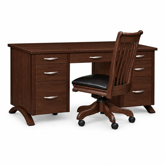 Wooden office desk with multiple drawers and a chair on a white background