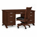 Wooden office desk with multiple drawers and a chair on a white background