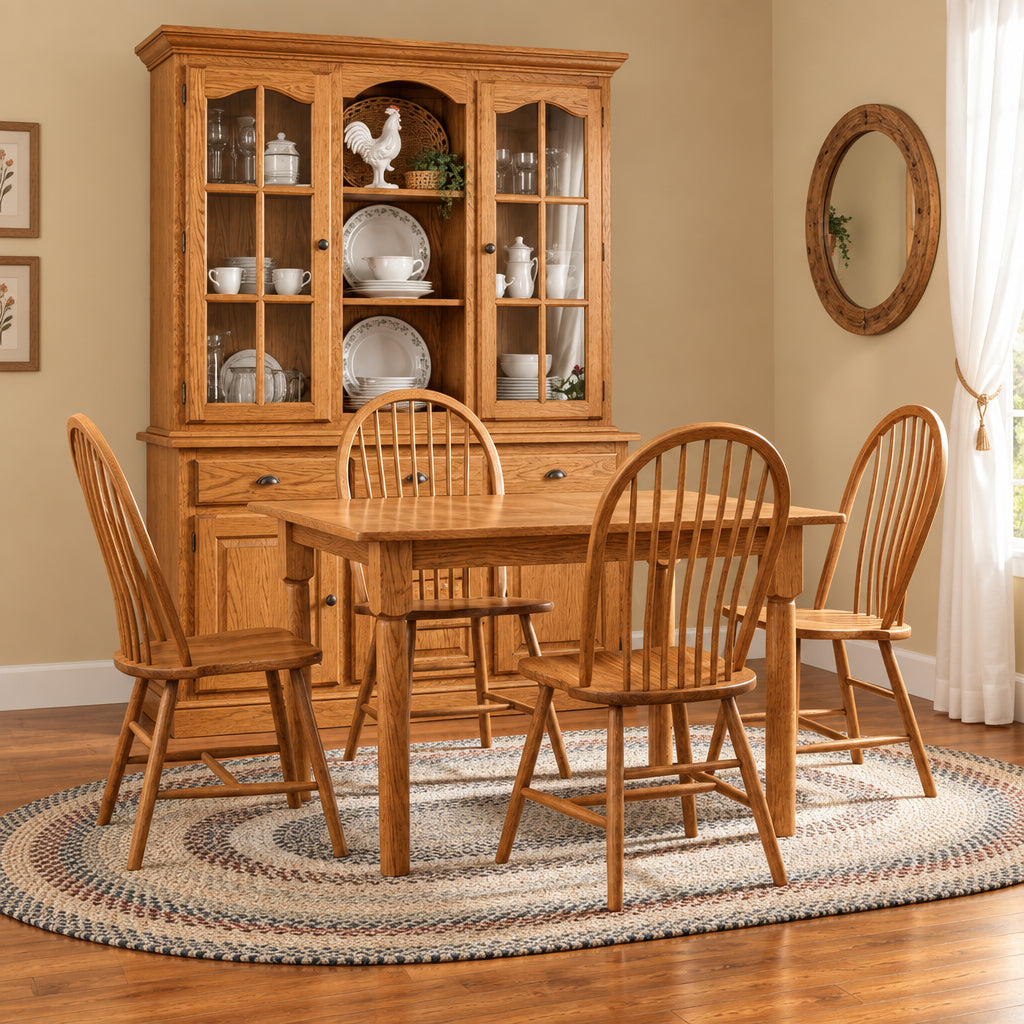 Amish Denver Dining Set - Solid Oak Dining Set - Bow Back Dining Chairs - Country Style Table and Chairs