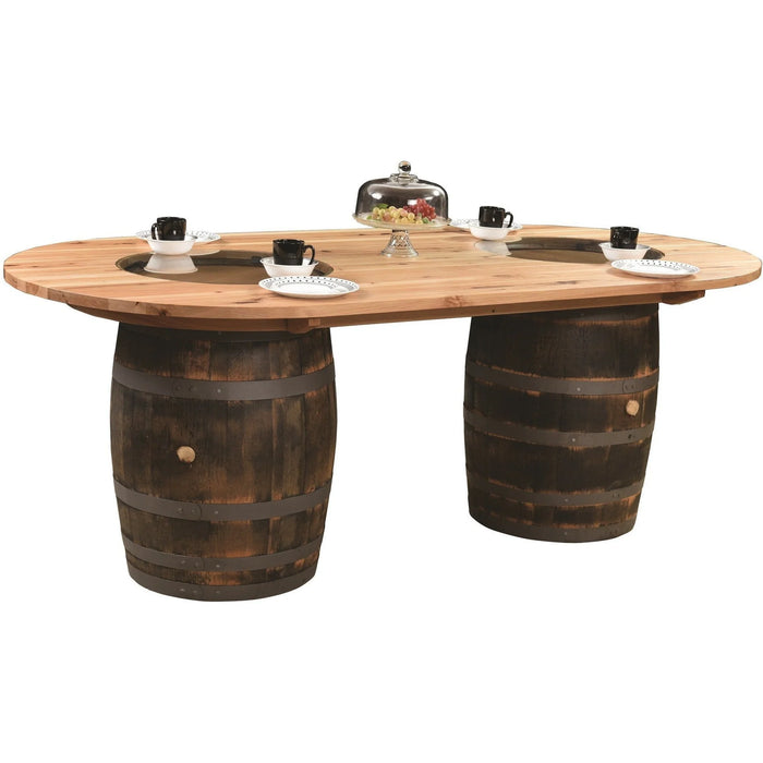 Double Whiskey Barrel Pub Table Natural Hickory Top Amish Made Front Facing