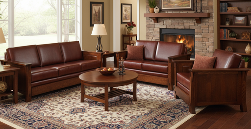 Amish Dutch Living Room Group Photo - Amish Made Genuine Leather Sofas - Amish Made Stickley Mission Style Living Room Furniture