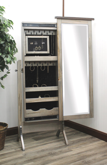 Amish ERD Barn Wood Top Jewelry Cheval Mirror
 Sliding Mirror (Slides To The Right Standard)
Hinged Earring Door
11 Hook Necklace Board
1st Shelf: 3 Ring Slots
2nd Shelf: 3 Dividers
3rd Shelf: 4 Dividers
Bottom Shelf: 1 Divider 