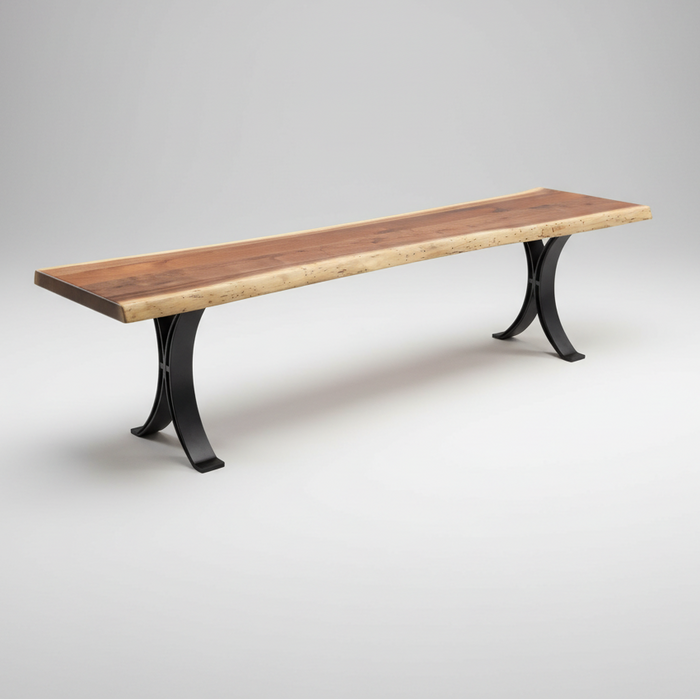 Amish Eclipse Metal Base Live Edge Bench Rustic Walnut Live Edge