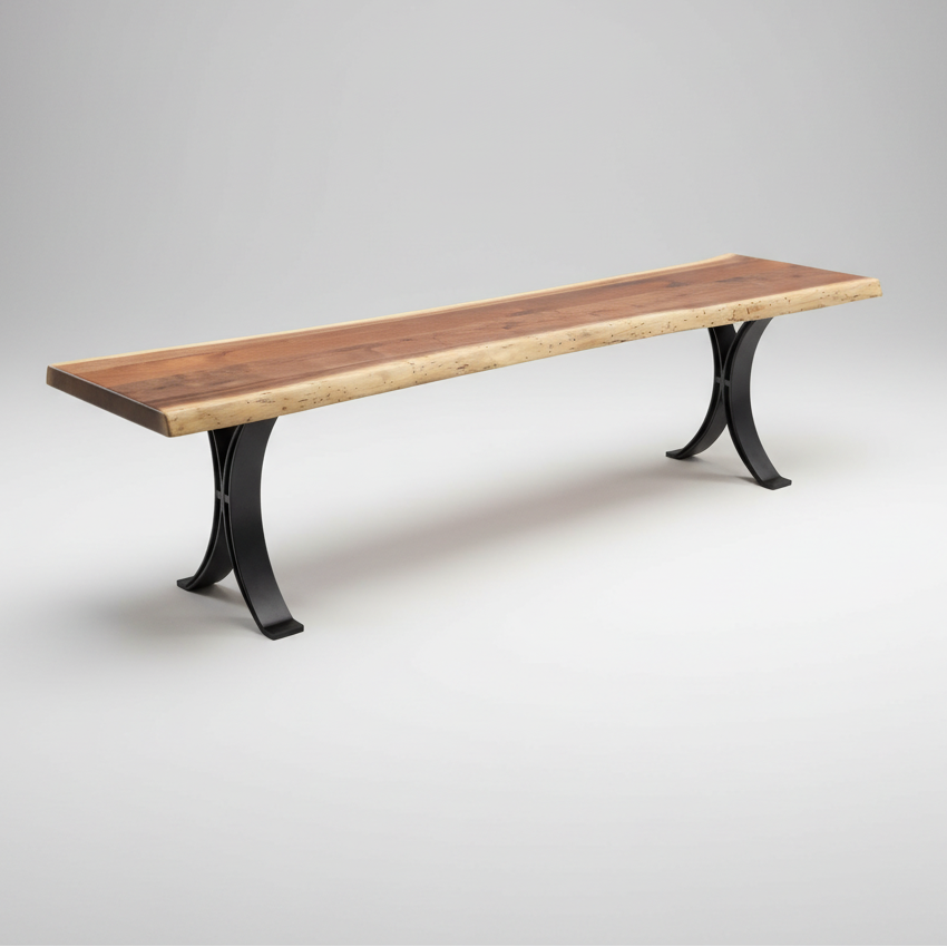 Amish Eclipse Metal Base Live Edge Bench Rustic Walnut Live Edge