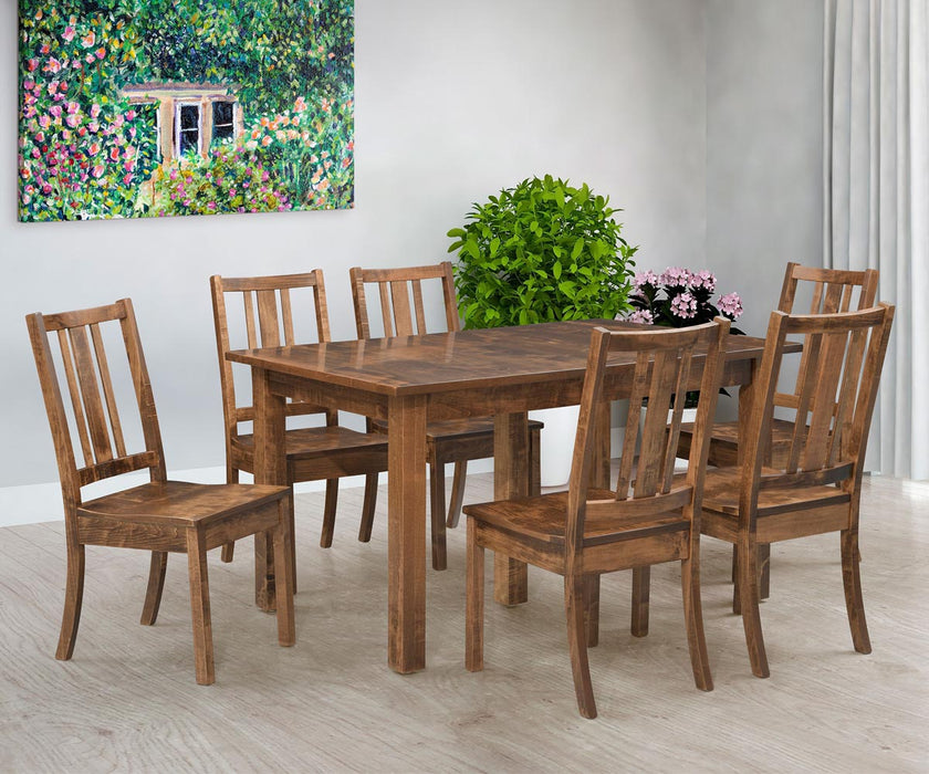 Amish Eco Mission Dining Set Including Mission Square Leg Table Eco Dining Chairs Maple Wood Long Oak Stain Front Facing