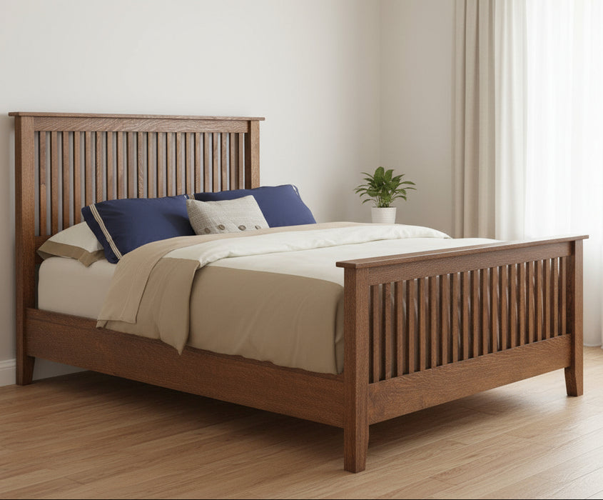 Amish Elkins Slat Storage Bed in Golden Brown Stain on Rustic QSWO