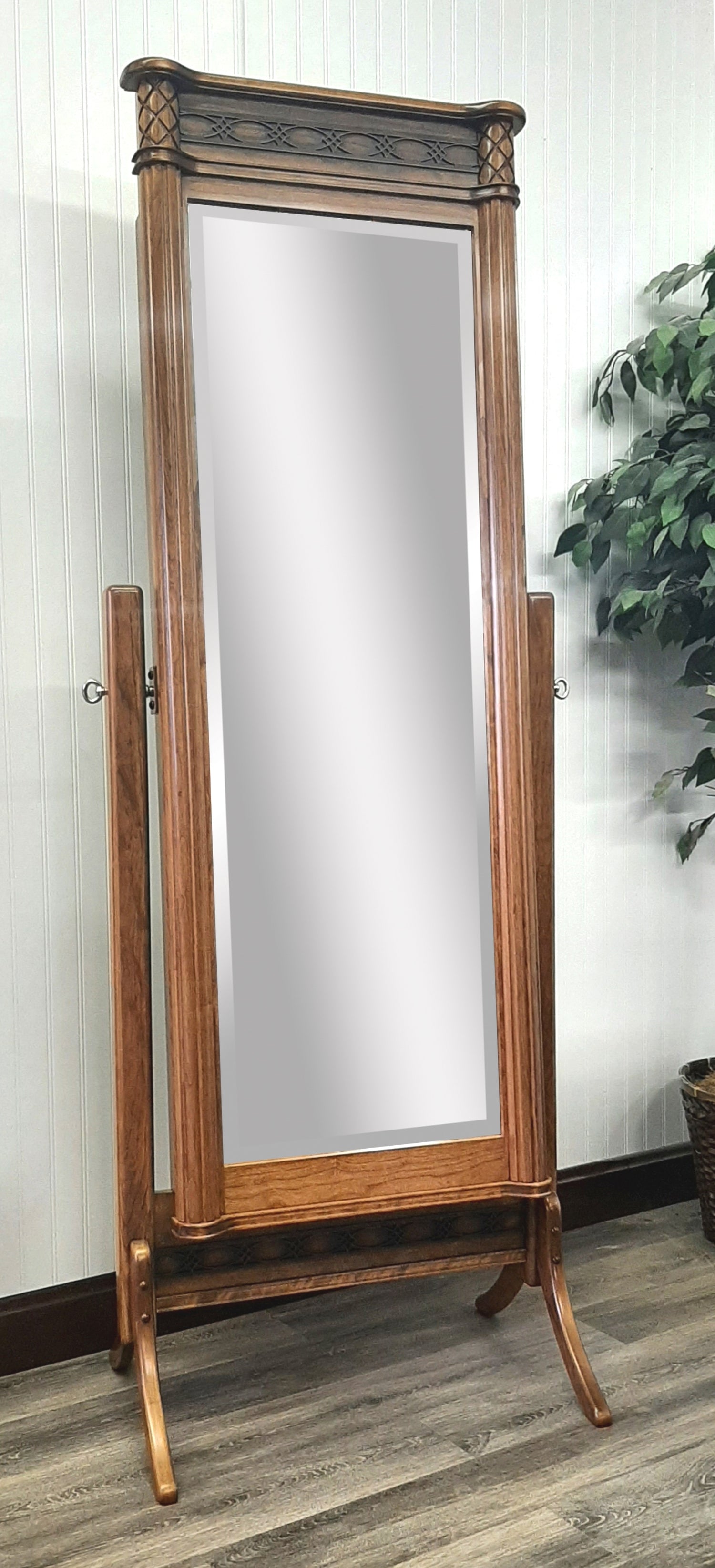 Amish Eminence Jewelry Cheval Mirror
- Sliding Mirror (Slides To The Right Standard)
- Hinged Earring Door (Not Shown)
- 11 Hook Necklace Board
- 1st Shelf: 3 Ring Slots
- 2nd Shelf: 3 Dividers
- 3rd Shelf: 4 Dividers
- Bottom Shelf: 1 Divider