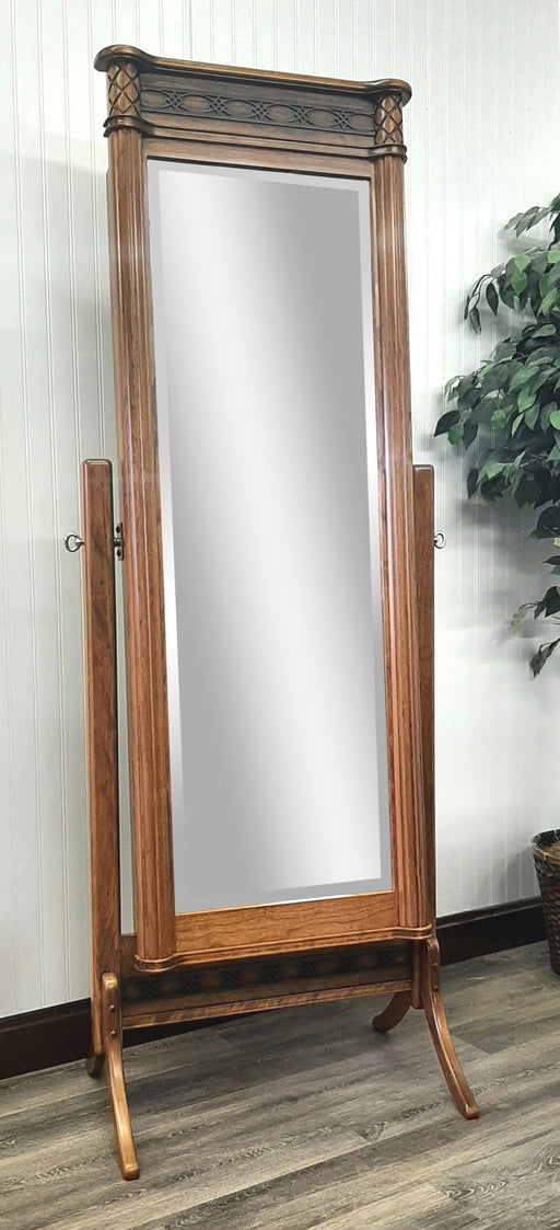 Amish Eminence Jewelry Cheval Mirror
- Sliding Mirror (Slides To The Right Standard)
- Hinged Earring Door (Not Shown)
- 11 Hook Necklace Board
- 1st Shelf: 3 Ring Slots
- 2nd Shelf: 3 Dividers
- 3rd Shelf: 4 Dividers
- Bottom Shelf: 1 Divider