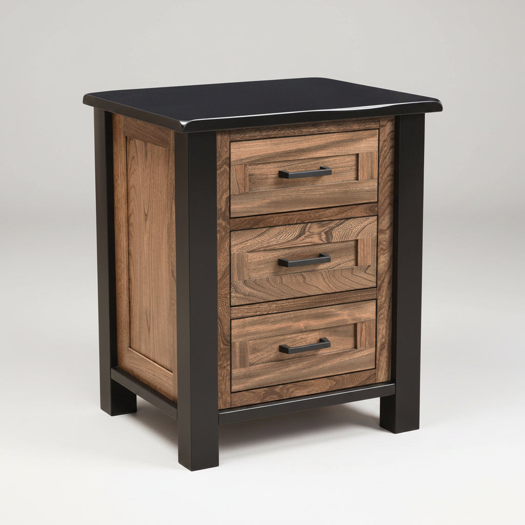 Amish Empire 3-drawer nightstand in a two toned look with black painted frames and tops with dark walnut stained panels and drawers in Elm 