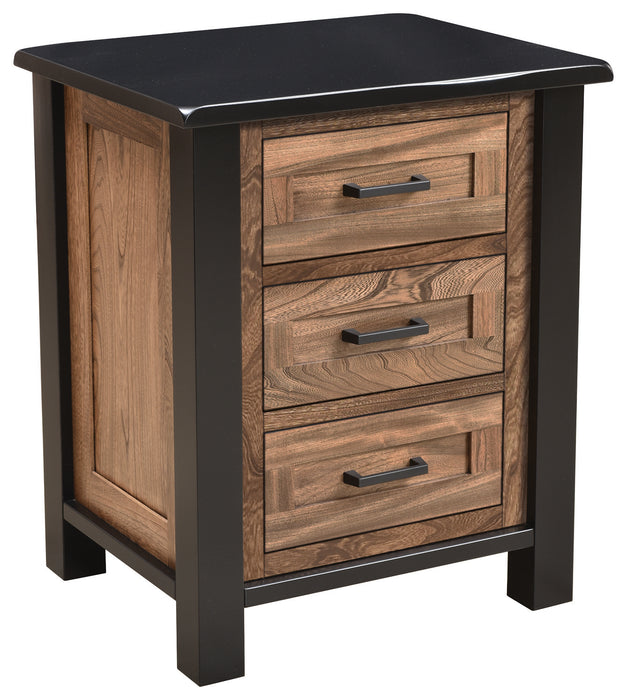 Amish Empire 3-drawer nightstand in a two toned look with black painted frames and tops with dark walnut stained panels and drawers in Elm 