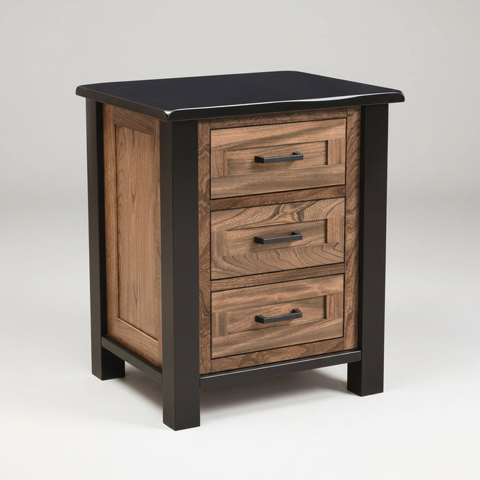 Amish Empire 3-drawer nightstand in a two toned look with black painted frames and tops with dark walnut stained panels and drawers in Elm 