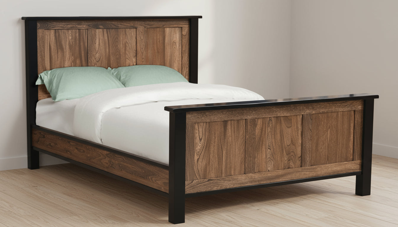 Amish Empire Bedroom Set in a two toned look with black painted frames and tops with dark walnut stained panels and drawers in Elm wood 