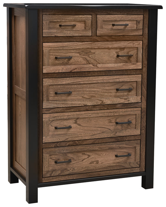 Amish Empire chest of  Set in a two toned look with black painted frames and tops with dark walnut stained panels and drawers in Elm wood 