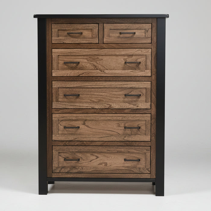 Amish Empire chest of  Set in a two toned look with black painted frames and tops with dark walnut stained panels and drawers in Elm wood 