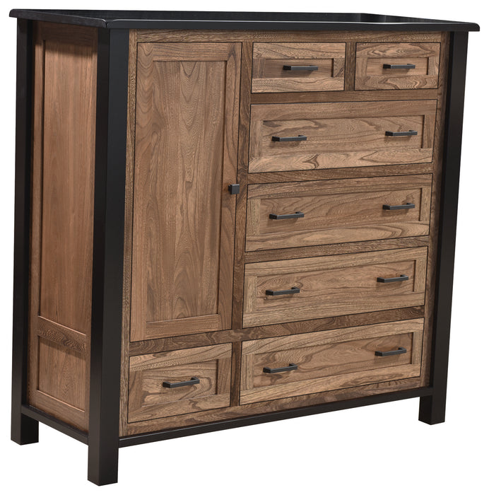 Amish Empire Gentelamn's chest  Set in a two toned look with black painted frames and tops with dark walnut stained panels and drawers in Elm wood 