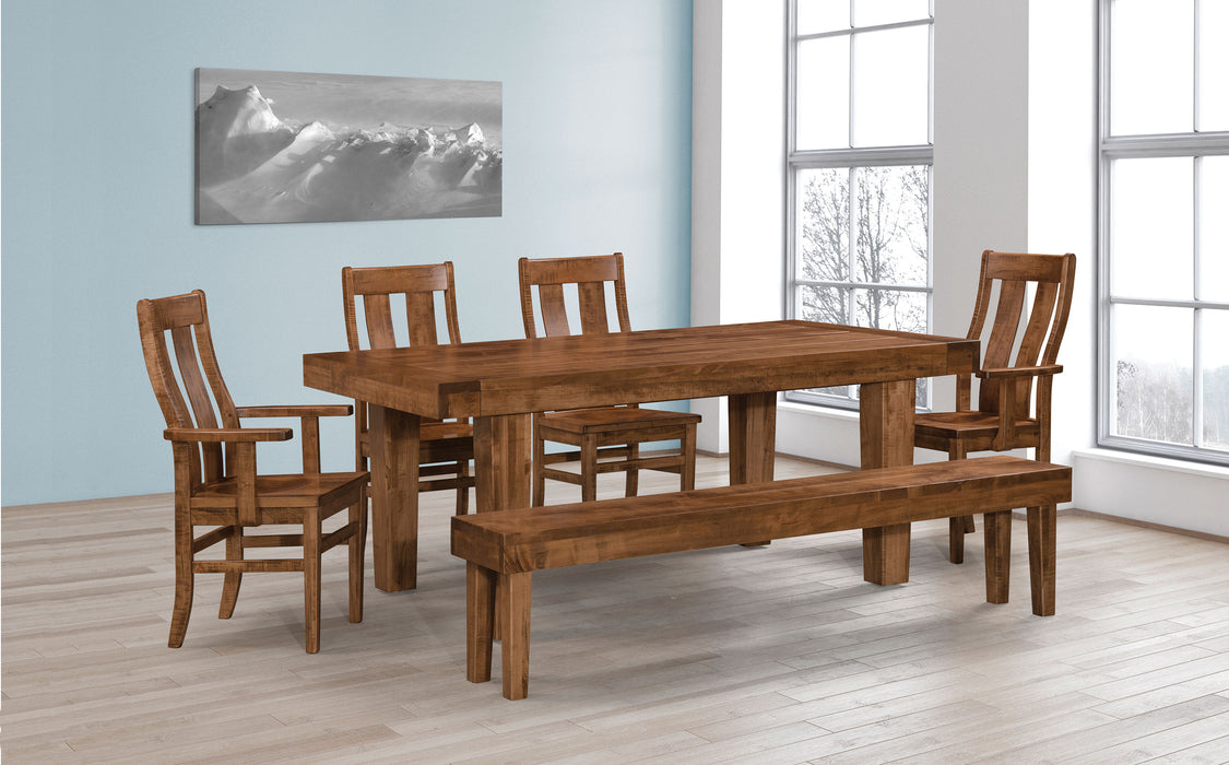 Amish Empire Leg Dining Table - 40" x 72" - Rough Sawn Wormy Maple - Emerson Side Chairs - Room Setting