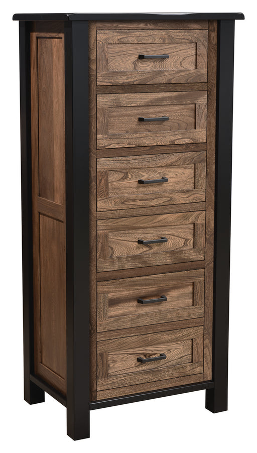 Amish Empire Lingerie chest  Set in a two toned look with black painted frames and tops with dark walnut stained panels and drawers in Elm wood 