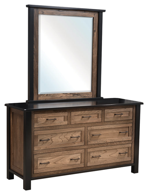 Amish Empire Low Dresser in a two toned look with black painted frames and tops with dark walnut stained panels and drawers in Elm wood 