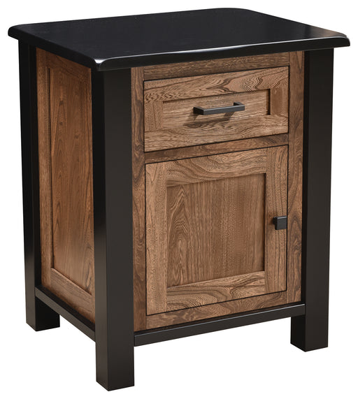 Amish Empire nightstand w Door in a two toned look with black painted frames and tops with dark walnut stained panels and drawers in Elm 