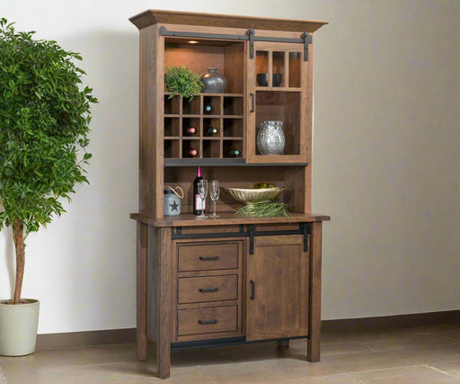 Amish Farmhouse 83" Hutch
Hardware: 55276-BBR Pull
1 Adjustable Wood Shelf in Base
1 Adjustable Glass Shelf in Top
Sliding Barn Door
Standard with Seedy Glass in Top Door and 2 Can Lights and a Touch Switch