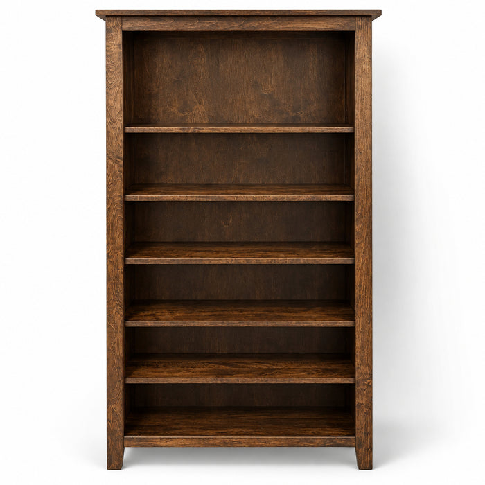 A tall, five-shelf wooden bookcase with a warm medium-to-dark brown finish and visible wood grain, shown empty against a plain white background.