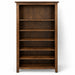 A tall, five-shelf wooden bookcase with a warm medium-to-dark brown finish and visible wood grain, shown empty against a plain white background.