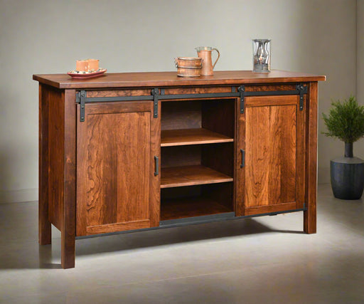 Amish Farmhouse Buffet w/ Adjustable Shelves
-Hardware: 55276-BBR Pull
-1 Adjustable Wood Shelf (Behind each door)
-2 Adjustable Wood Shelves (In middle section)
-1 Hidden Drawer (Behind each door)